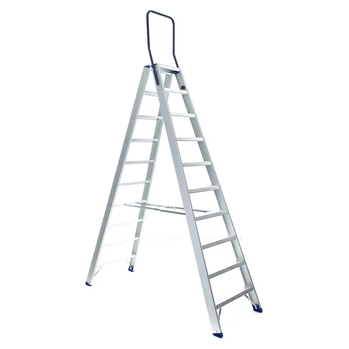 ASC Stehleiter Eurostairs Stufenstehleiter zweiseitig eloxiert mit Bügel 10 Stufen - Anzahl Tritte: 10 Stk., Arbeitshöhe: 4.300 m, Aluminium - Silberne Aluminium-Klappleiter mit blauem Sicherheitsgriff und rutschfesten Füßen.