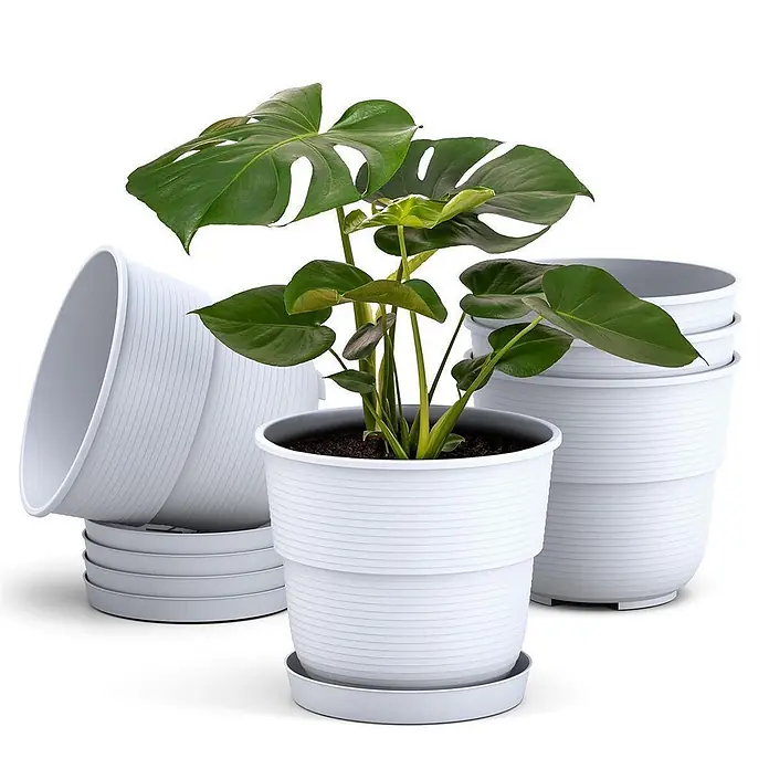 Plastard Pflanztopf Milano 5er Set mit Untersetzer in Weiß – Blumentopf - Außenmaß (Ø x H): 22 x 19 cm, Kunststoff, Weiß - Set weißer gerippter Kunststoff-Pflanztöpfe mit passenden Untersetzern, einer mit Monstera-Pflanze, andere gestapelt.