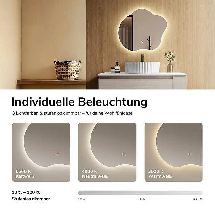 Emke Lichtspiegel Dimlite LM31 -  - Ein Badezimmerspiegel mit einstellbarer LED-Hintergrundbeleuchtung, 3 Lichtfarben (kalt, neutral, warm) und stufenlos dimmbar von 10-100%.