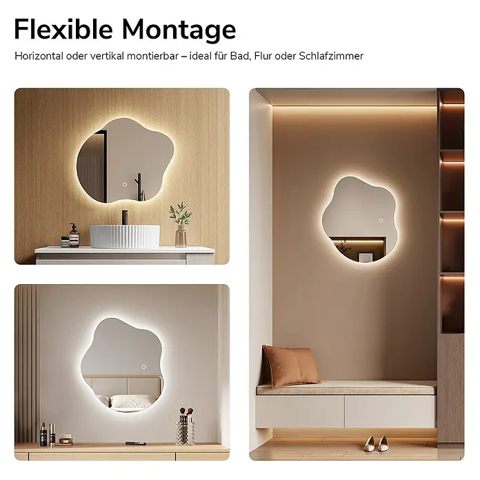 Emke Lichtspiegel Dimlite LM31 -  - Unregelmäßig geformter, hintergrundbeleuchteter Spiegel, in Bad, Schlafzimmer und Flur gezeigt, betont seine vielseitige Nutzung und flexible Montage.