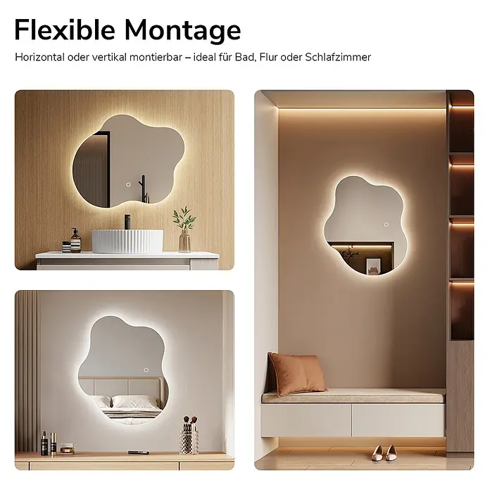 Emke Lichtspiegel Dimlite LM31 -  - Unregelmäßig geformter LED-Spiegel in Bad, Schlafzimmer und Flur, flexible horizontale/vertikale Montage zeigend.