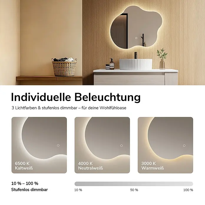 Emke Lichtspiegel Dimlite LM31 -  - Unregelmäßig geformter LED-Badspiegel, zeigt drei Lichtfarben (kalt, neutral, warm) und 10-100% stufenlose Dimmbarkeit für individuelle Atmosphäre.