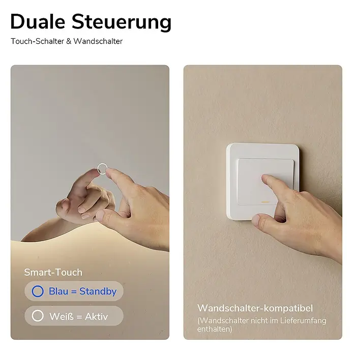 Emke Lichtspiegel Dimlite LM31 -  - Duale Steuerung: Touch-Schalter (blau Standby, weiß aktiv) & Wandschalter-Kompatibilität.