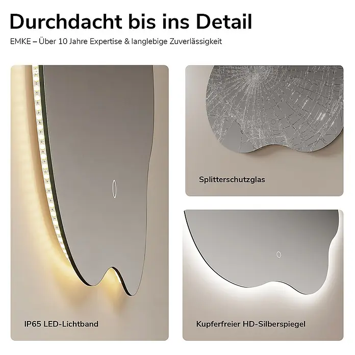 Emke Lichtspiegel Dimlite LM31 -  - Unregelmäßig geformter, LED-beleuchteter Spiegel mit Splitterschutzglas und kupferfreier HD-Silberbeschichtung.