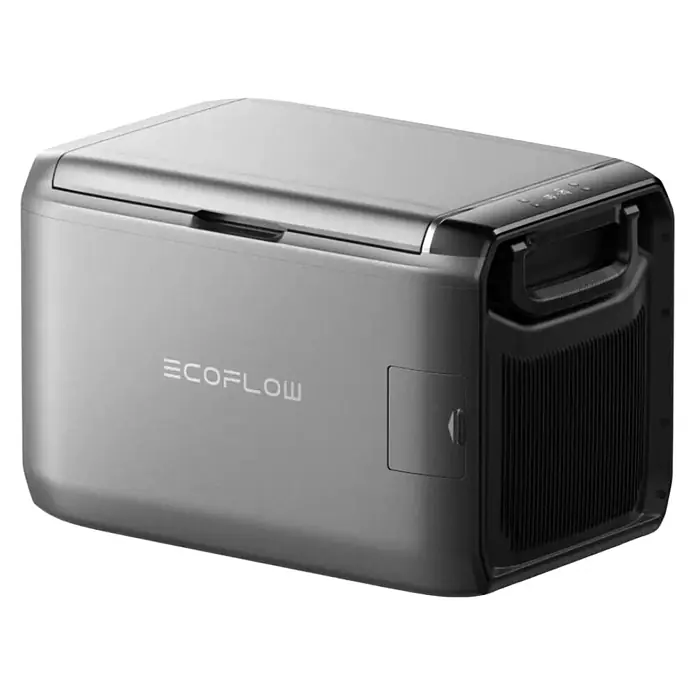 EcoFlow Akku-Kühlbox Glacier - 1 Akku, L x B x H: 48 x 70,6 x 46,6 cm, 55 l - Eleganter silber-schwarzer tragbarer Kühler mit ECOFLOW-Logo.