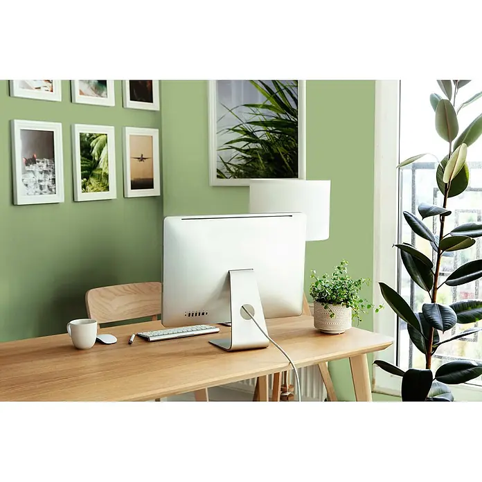 Tadessi Wandfarbe Frühling Sage Green - Grün, Matt, 5 l - Helles Homeoffice mit hellem Holzschreibtisch, silbernem Computer und Pflanzen, schafft einen ruhigen Arbeitsplatz.