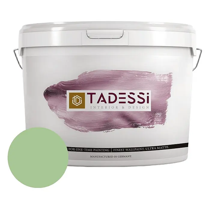 Tadessi Wandfarbe Frühling Sage Green - Grün, Matt, 5 l - Weißer TADESSI Eimer mit ultramatter Wandfarbe, Farbmuster hellgrün.
