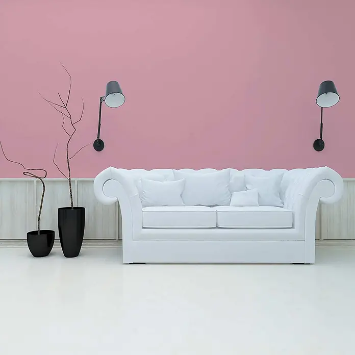 Tadessi Wandfarbe Pfirsich - Pink, Matt, 1 l - Ein weißes, getuftetes Sofa mit mehreren Kissen vor einer rosa Wand mit Lampen und Zierpflanzen.