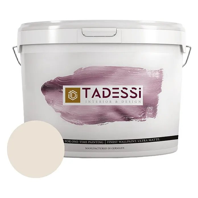 Tadessi Wandfarbe Pastell Cremeweiß - Beige, Matt, 2,5 l - Weißer TADESSi Farbeimer mit hellbeigem, ultramattem Wandfarbmuster.