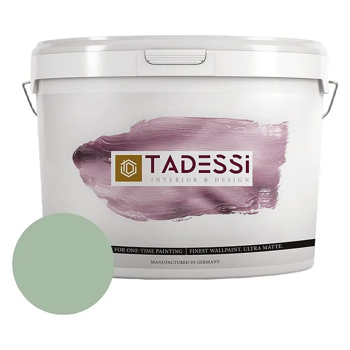 Tadessi Wandfarbe Sage Green - Grün, Matt, 5 l - Weißer Tadessi Farbeimer mit grünem Farbmuster für Innenwandfarbe ultra matt. Hergestellt in Deutschland.