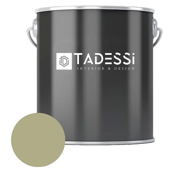 Tadessi Wandfarbe Lindgrün - Grün, Matt, 2,5 l - TADESSI Farb-Dose, dunkelgrau mit silbernem Deckel und Griff. Daneben ein runder Farbfleck in Hellgrün-Beige.