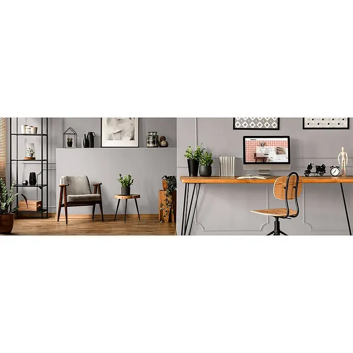 Tadessi Wandfarbe Puderrosa - Grau, Matt, 5 l - Ein stilvolles, minimalistisches Zimmer mit Holztisch und Stuhl, einem Metallregal und einem gemütlichen Sessel.