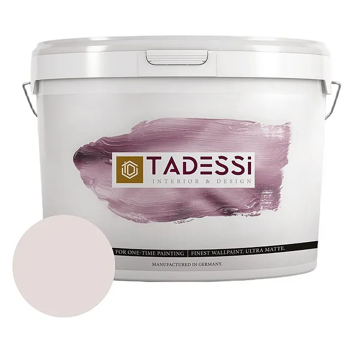 Tadessi Wandfarbe Puderrosa - Grau, Matt, 5 l - Weißer Farbeimer mit "TADESSI"-Logo und helllila Farbprobe. Beschriftet mit "Finest Wallpaint, Ultra Matte".