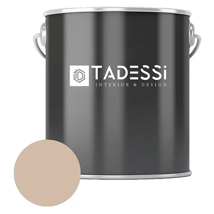 Tadessi Wandfarbe Leinenbeige - Beige, Matt, 1 l - Dunkelgraue Farbkanne mit 'TADESSI'-Branding und kreisförmiger hellbeiger Farbmuster.