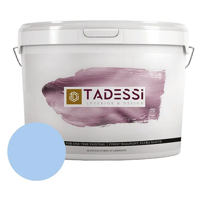 Tadessi Wandfarbe Kornblumenblau - Blau, Matt, 2,5 l - Weißer Tadessi Farbeimer mit einem Farbmuster für hellblaue ultra-matte Wandfarbe.