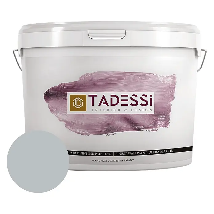 Tadessi Wandfarbe Rauchgrau - Grau, Matt, 5 l - Weißer Farbeimer mit grauem Farbmuster für ultramatte feine Wandfarbe.