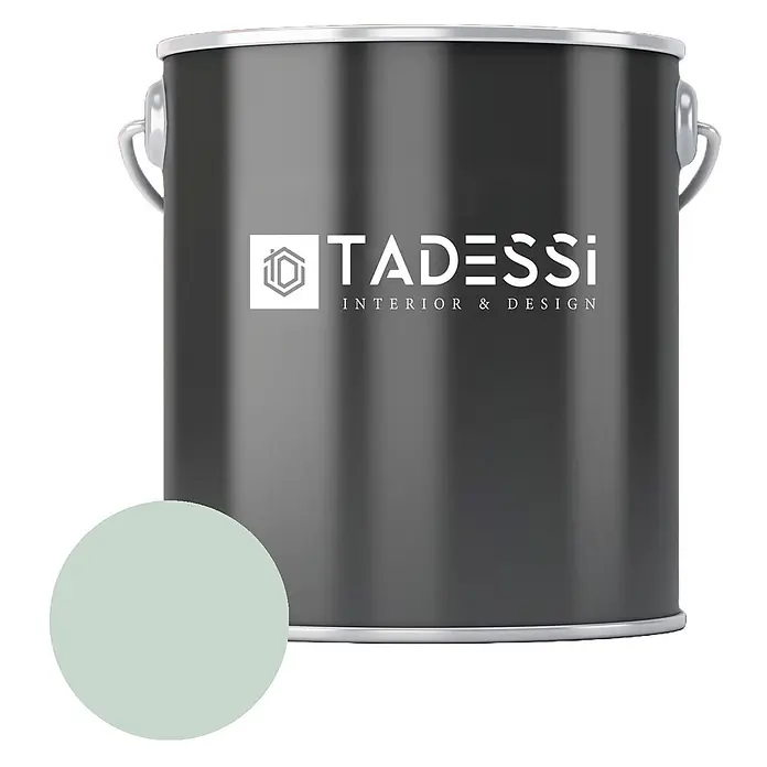 Tadessi Wandfarbe Eukalyptus - Grün, Matt, 5 l - Dunkelgraue TADESSI Farbkanne mit Logo und hellgrünem Farbmuster.