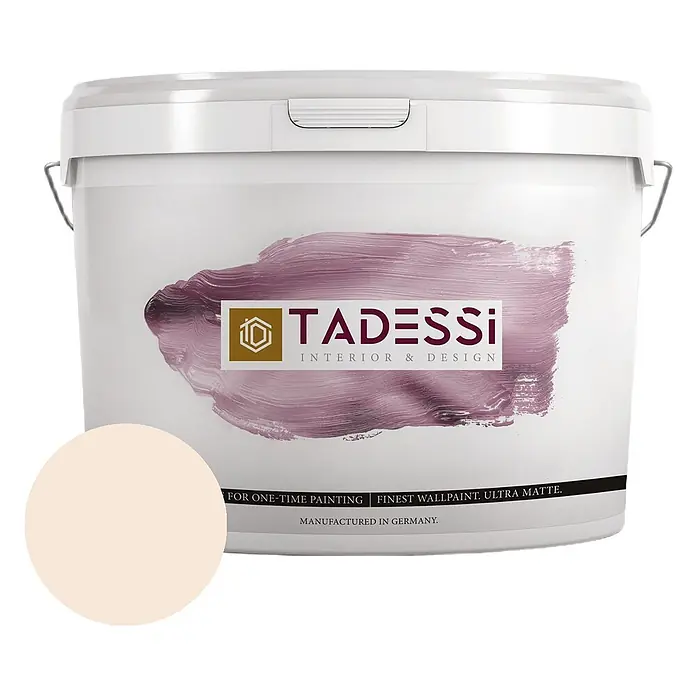 Tadessi Wandfarbe Sandbeige - Beige, Matt, 5 l - Weißer Farbeimer für Innenwandfarbe mit Tadesi-Logo, einer lila Farbprobe und einer hellbeigen Farbmuster.