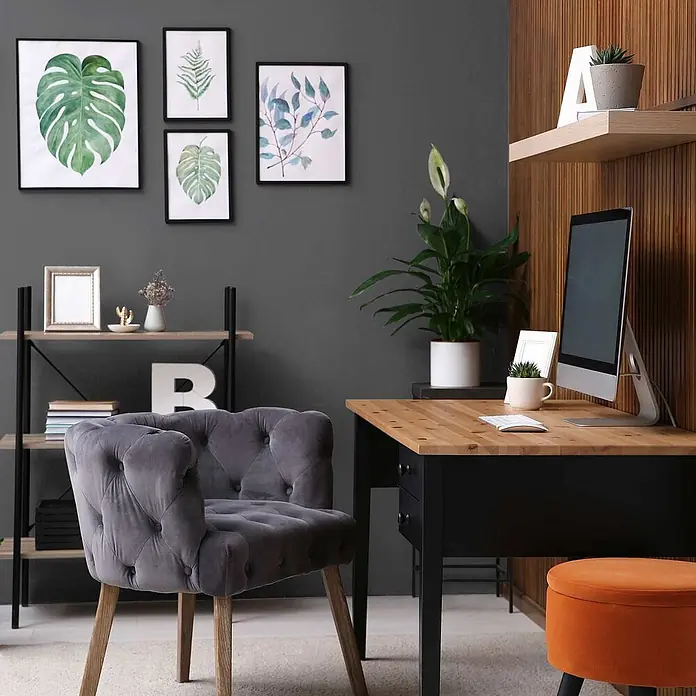 Tadessi Wandfarbe Schiefergrau - Grau, Matt, 1 l - Modernes Homeoffice mit grauem Samt-Chesterfield-Stuhl, hellem Holzschreibtisch und schwarzem Regal. Dekoriert mit Pflanzen und Bildern.
