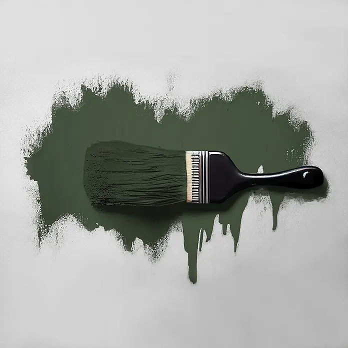 Tadessi Wandfarbe Sage Green - Grün, Matt, 5 l - Schwarzer Pinsel mit Naturborsten trägt dunkelgrüne Farbe auf, erzeugt einen strukturierten Pinselstrich und Tropfen.