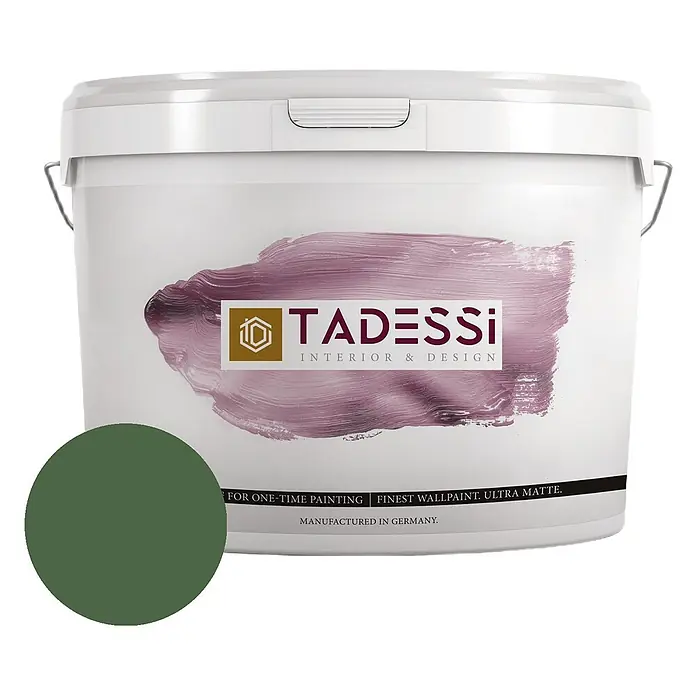 Tadessi Wandfarbe Sage Green - Grün, Matt, 5 l - Weißer TADESSI Ultra-Matt Wandfarbeneimer mit grüner Farbprobe.