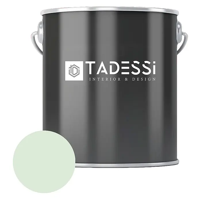 Tadessi Wandfarbe Minzgrün - Grün, Matt, 5 l - Dunkelgraue Tadessi Farbkanne mit hellgrünem Farbmuster.