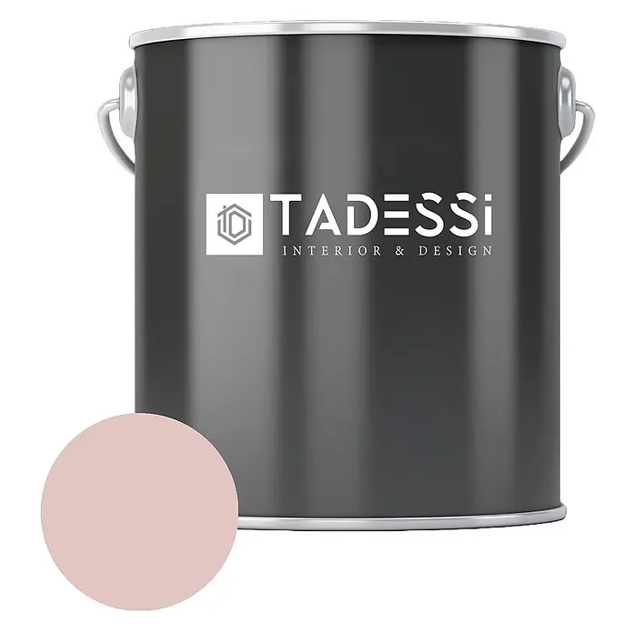 Tadessi Wandfarbe Tauperosa - Rosa, Matt, 5 l - Dunkelgrauer TADESSi Farbeimer und ein runder hellrosa Farbmuster.