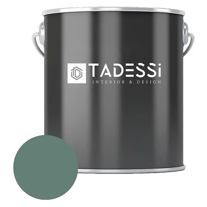 Tadessi Wandfarbe Forstgrün - Grün, Matt, 1 l - Dunkelgrauer Metalleimer mit 'TADESSi'-Logo und einer mattgrünen Farbprobe.