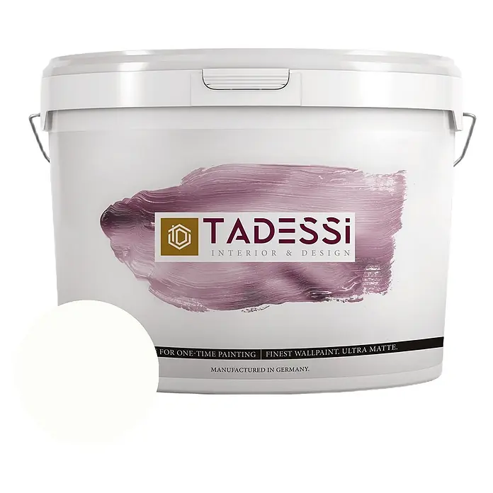 Tadessi Wandfarbe Grau - Grau, Matt, 5 l - Weißer TADESSi Farbeimer mit Logo, „Finest Wallpaint. Ultra Matte.“ Text und weißem Farbmuster.