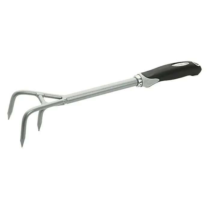 Gardol Cultivador pequeño de mano - Anchura de trabajo: 8 cm, Número de púas: 3, Mango corto - Garra de jardín de tres puntas con mango gris para preparar el suelo, airear y quitar malas hierbas, ideal para tareas de jardinería.