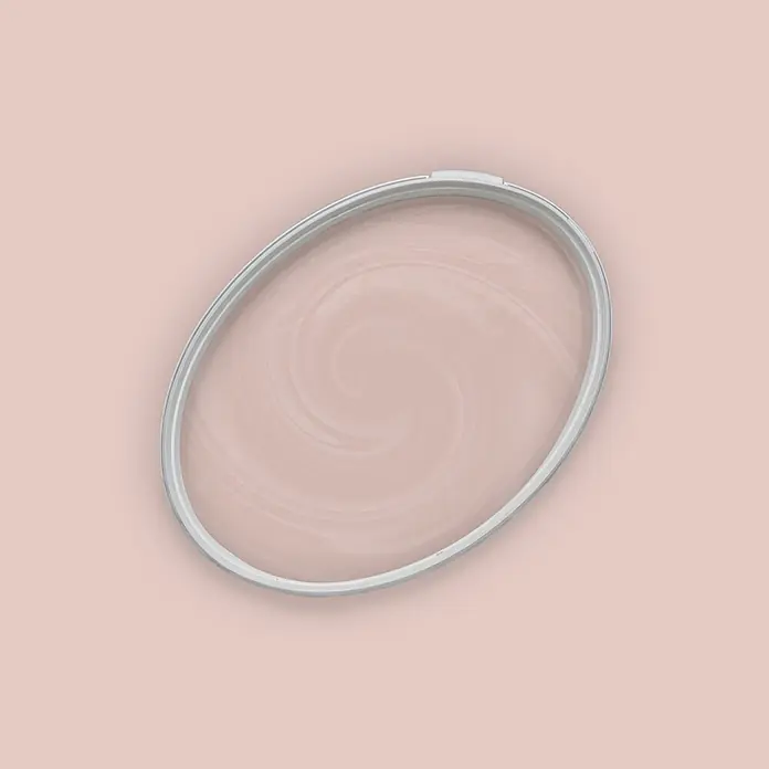 Tadessi Wandfarbe Rosenquarz - Beige, Matt, 2,5 l - Klarer ovaler Deckel mit hellgrauem Rand und subtilem Wirbelmuster.