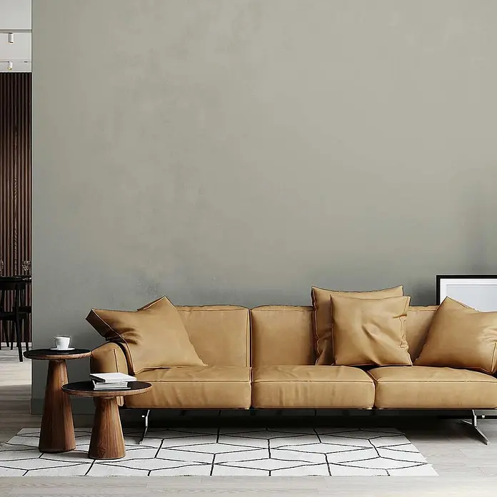 Tadessi Wandfarbe Moosgrau - Grau, Matt, 1 l - Hellbraunes Ledersofa mit Kissen, in einem Wohnzimmer auf einem geometrischen Teppich platziert.