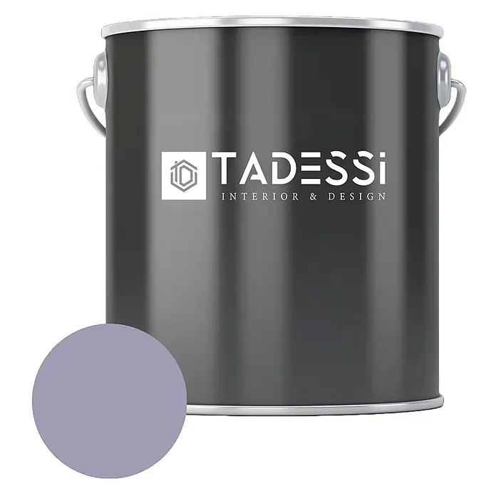 Tadessi Wandfarbe Blasslavendel - Violett, Matt, 5 l - Dunkelgraue Farbkanne mit TADESSI Logo und rundem lavendelfarbenem Farbmuster.