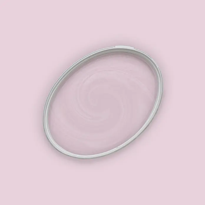 Tadessi Wandfarbe Altrosa - Rosa, Matt, 5 l - Ovaler transparenter Deckel mit grauem Rand und subtilem Wirbelmuster.