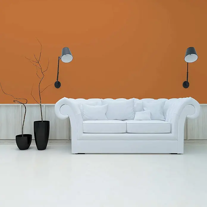 Tadessi Wandfarbe Champagner - Orange, Matt, 1 l - Weißes Sofa mit weißen Kissen in einem Raum mit oranger Wand, flankiert von schwarzen Wandleuchten und Pflanzgefäßen.