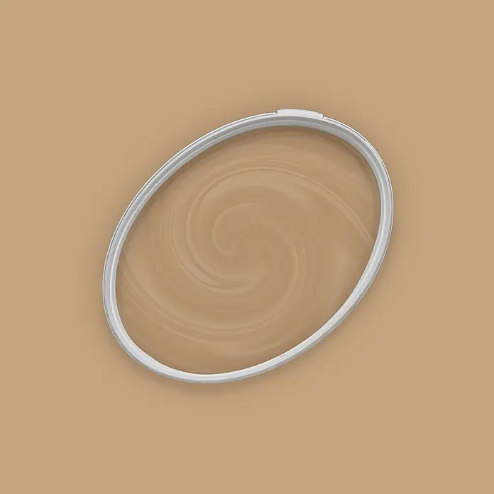 Tadessi Wandfarbe Nougat Mocha - Braun, Matt, 2,5 l - Weißer ovaler Stickrahmen mit hellbraunem, wirbelndem Muster.