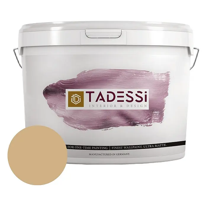 Tadessi Wandfarbe Nougat Mocha - Braun, Matt, 2,5 l - Weißer TADESSI Farbeimer mit goldenem Etikett, lila Farbmuster und beigem Farbkreis. Ultramatte Wandfarbe, hergestellt in Deutschland.