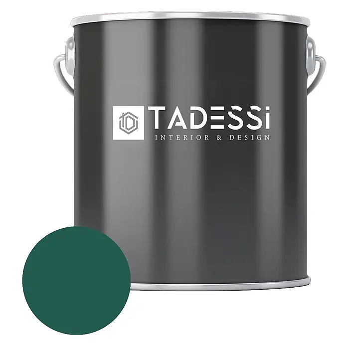 Tadessi Wandfarbe Moosgrün - Grün, Matt, 5 l - Dunkelgraue TADESSI Farbkanne mit dunkelgrünem Farbmuster für Interior & Design.