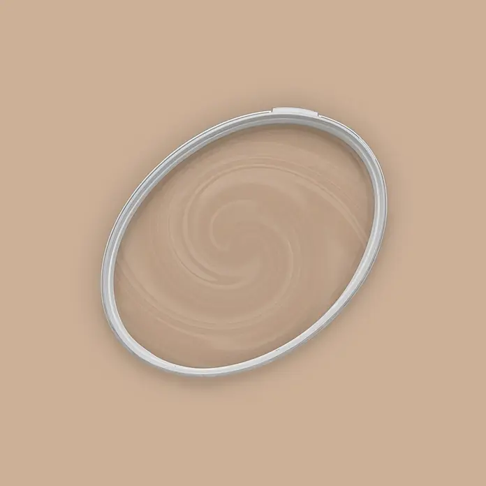 Tadessi Wandfarbe Sanft Mocha - Braun, Matt, 5 l - Ovale klare Abdeckung mit weißem Rand, zeigt eine geschwungene beigefarbene Flüssigkeit.