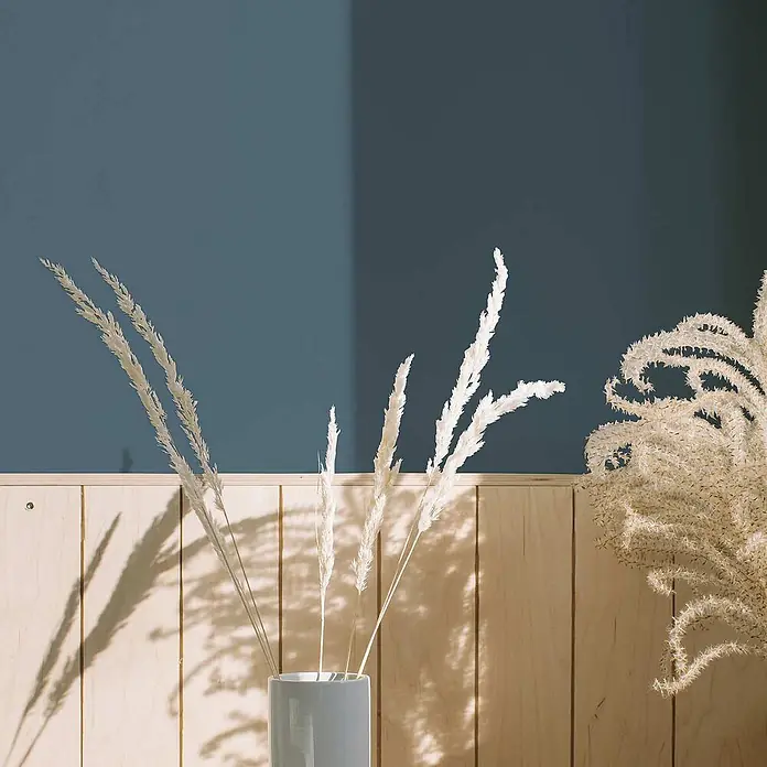 Tadessi Wandfarbe Kaltblau - Blau, Matt, 5 l - Dekoratives weißes Trockengras-Arrangement mit einer Vase auf Holzpaneelen und einer blauen Wand.
