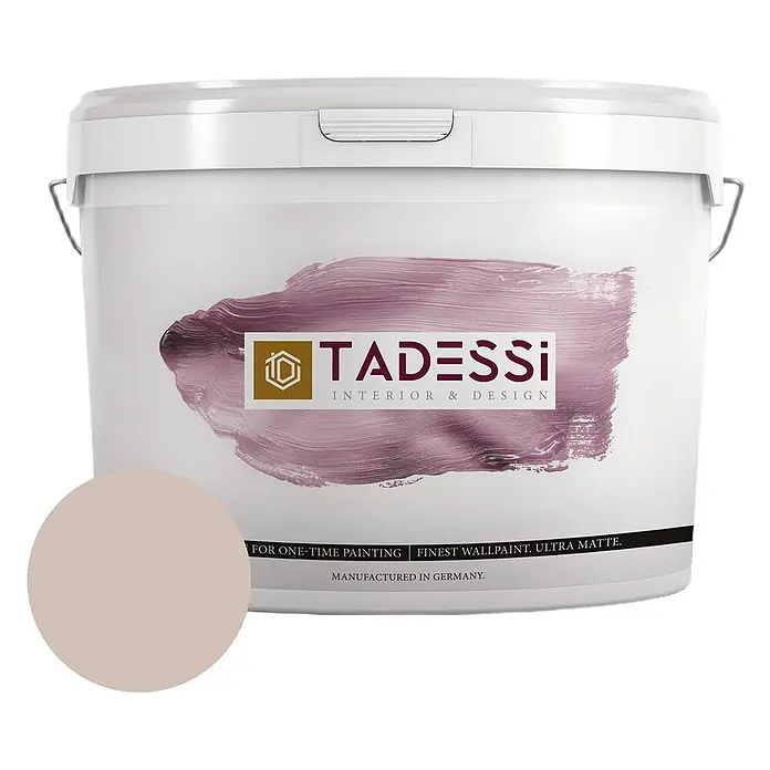 Tadessi Wandfarbe Rosenholz - Beige, Matt, 5 l - Weißer TADESSi Ultra-Matt Innenfarbeimer mit hellbeigem Farbmuster.