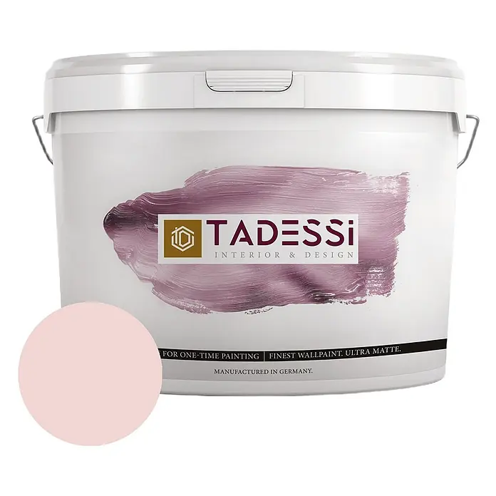 Tadessi Wandfarbe Blütenrosa - Rosa, Matt, 5 l - Weißer Tadessi Wandfarbeimer mit hellrosa Farbmuster, ultramattes Finish.