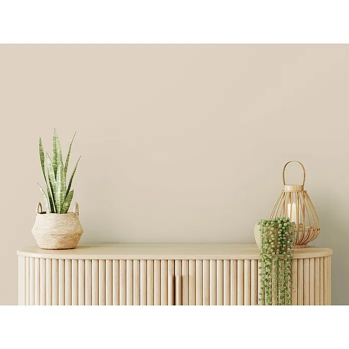 Tadessi Wandfarbe Beige - Beige, Matt, 2,5 l - Helles Holz Sideboard mit Rillenfront und abgerundeten Ecken, dekoriert mit Pflanzen und Laterne.