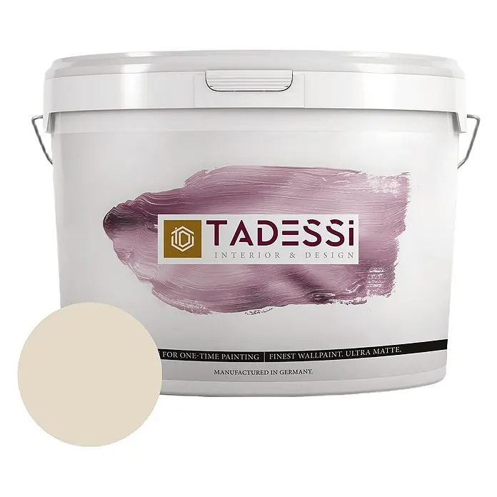 Tadessi Wandfarbe Beige - Beige, Matt, 2,5 l - Weißer Farbeimer mit TADESSi-Logo und hellbeigem, ultramattem Wandfarbenmuster.