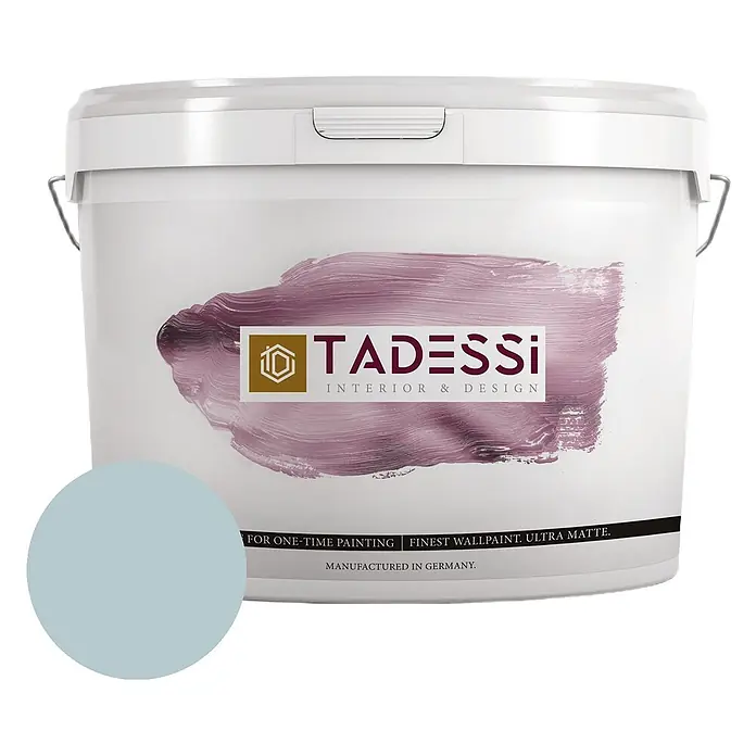 Tadessi Wandfarbe Grün - Grün, Matt, 2,5 l - Weißer Farbeimer mit TADESSI Logo, Text und hellblauem Farbmuster für ultramatte Wandfarbe.