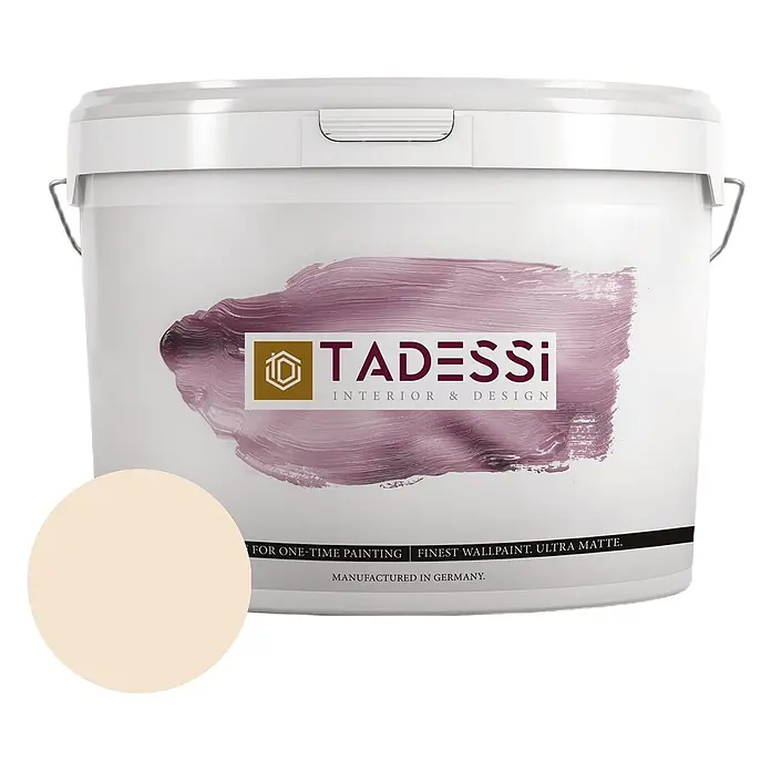 Tadessi Wandfarbe Haferbeige - Beige, Matt, 5 l - Weißer Tadessi Farbeimer mit Etikett und hellem beigefarbenen Farbmuster. Enthält ultra matte Wandfarbe.