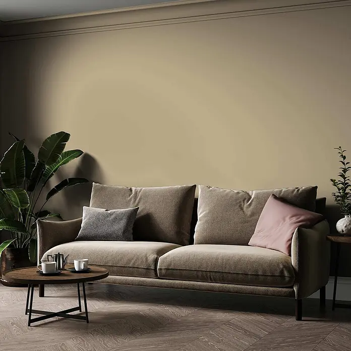 Tadessi Wandfarbe Haselnussbraun - Beige, Matt, 2,5 l - Bequemes beiges Stoffsofa mit zwei Zierkissen in gemütlicher Wohnzimmerumgebung.