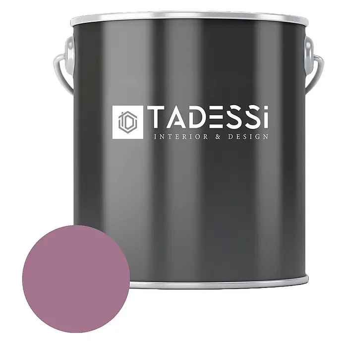 Tadessi Wandfarbe Veilchen - Violett, Matt, 2,5 l - Dunkelgraue TADESSI Farbdose mit einem purpur-pinken Farbmuster.