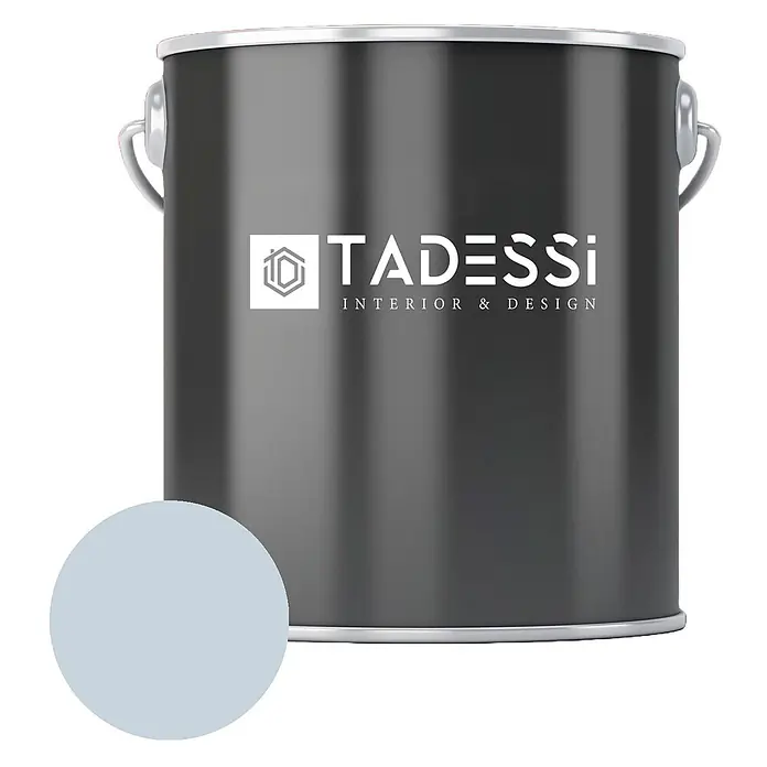 Tadessi Wandfarbe Pastellblau - Blau, Matt, 5 l - TADESSI Farbkanister, dunkelgrau, mit hellblauem Farbmuster.