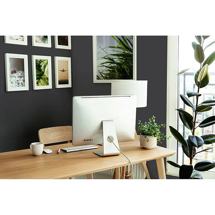 Tadessi Wandfarbe Anthrazitgrau - Schwarz, Matt, 2,5 l - Ein helles, modernes Heimbüro mit hellem Holzschreibtisch, silbernem Computer und grünen Pflanzen.